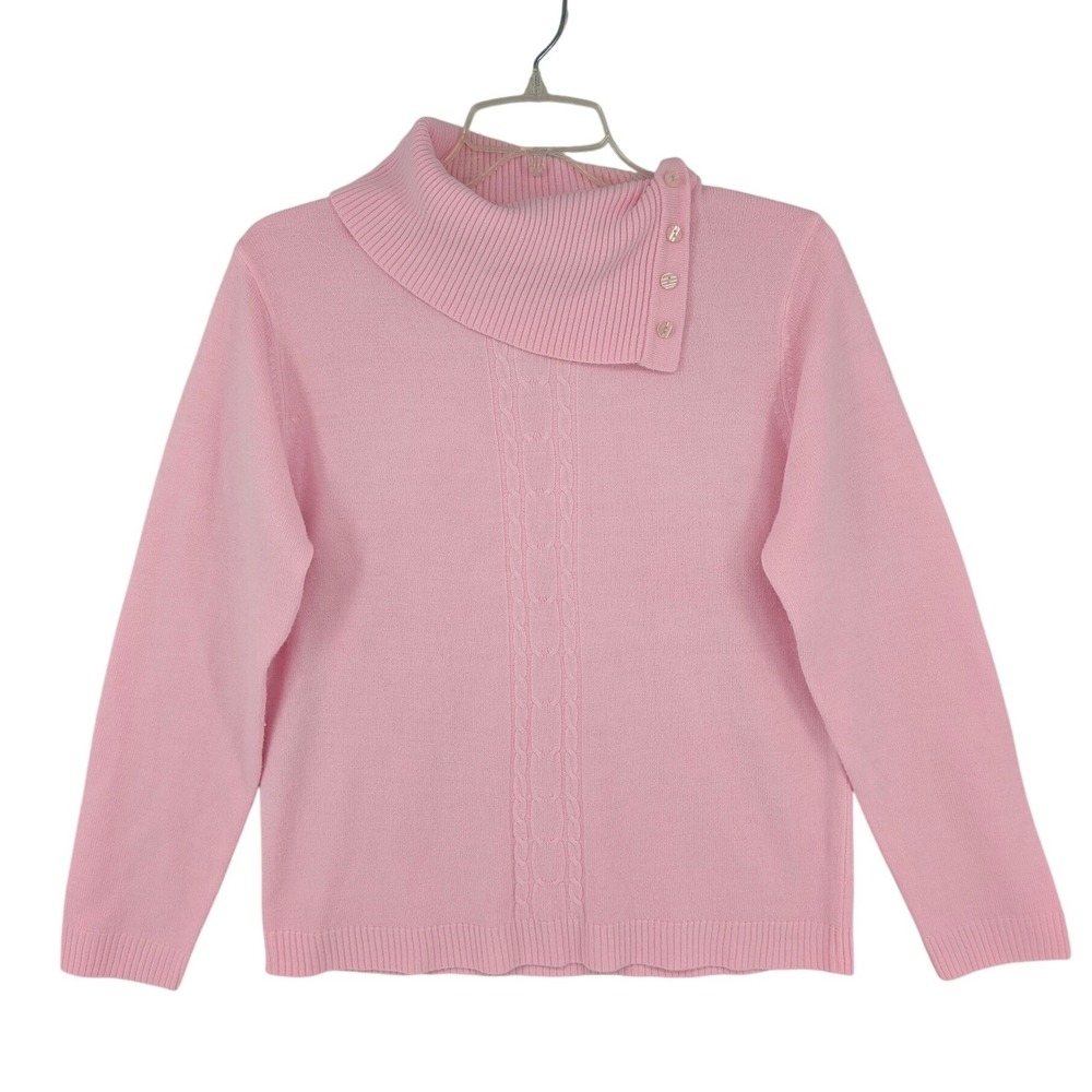 White Stag‎ Pink Button Cowl Neck Cable Knit Pullover Sweater Womens Medium 8/10